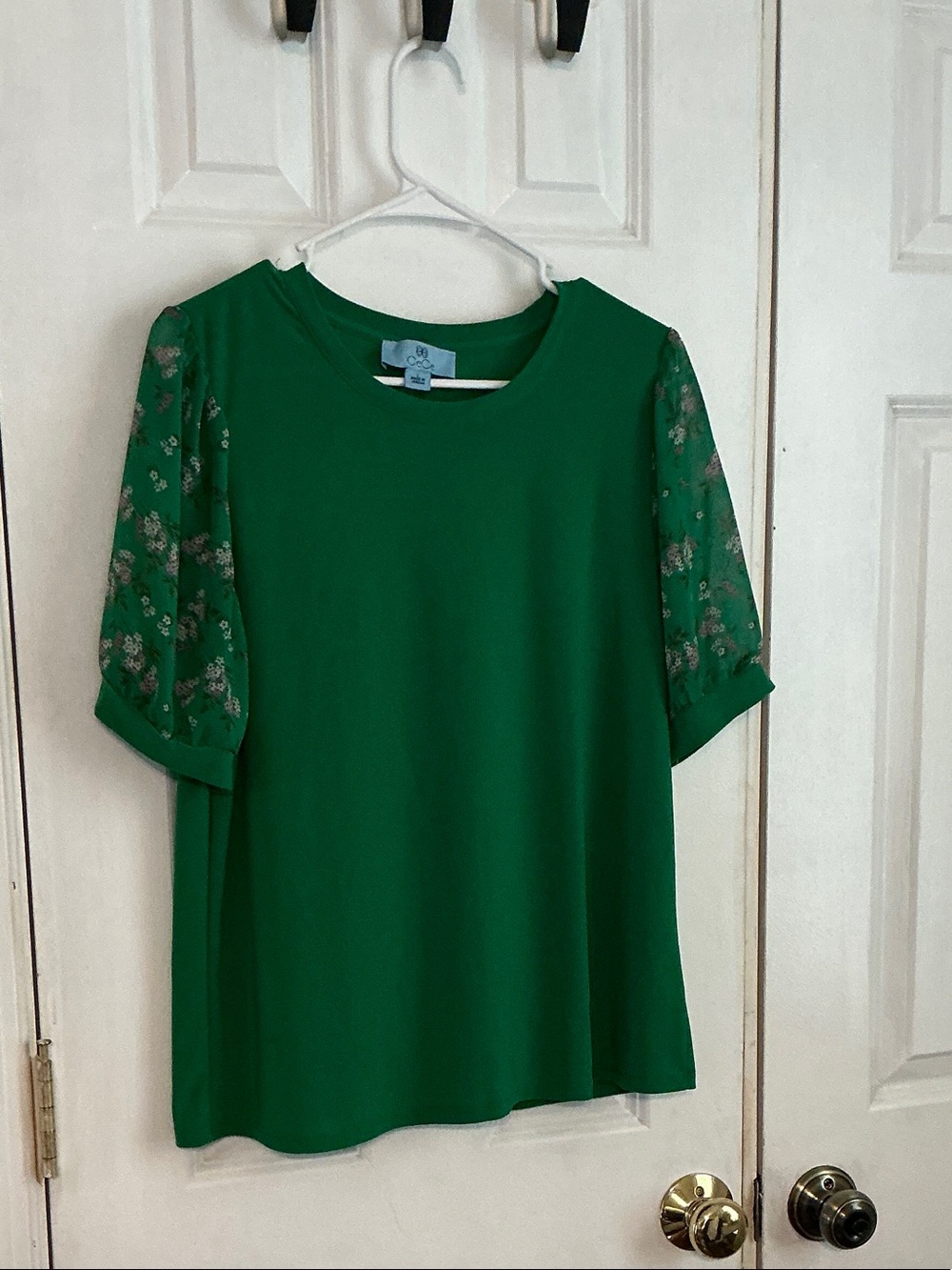 CeCe Emerald Green Blouse with Sheer Floral Puff Sleeves